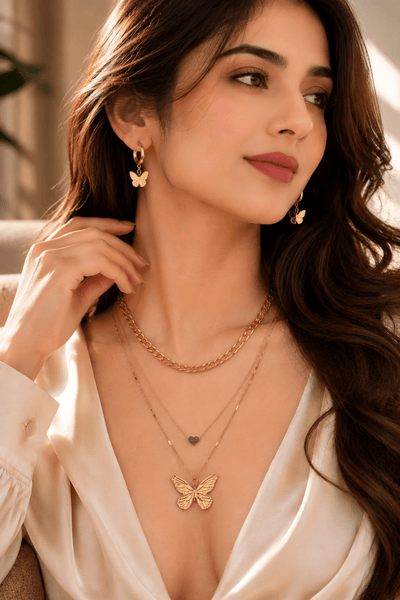 Layered butterfly pendant necklace and matching butterfly earrings set, 18K gold plated