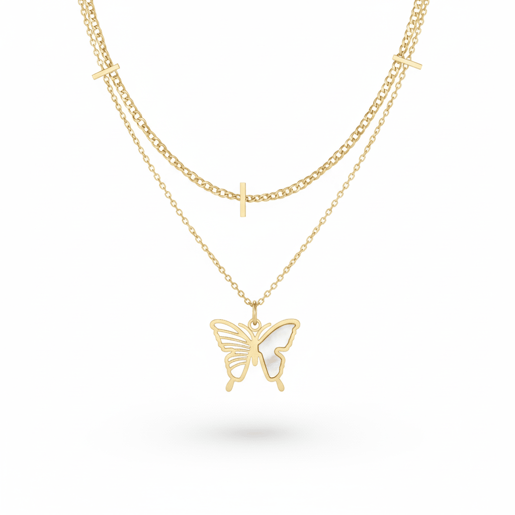 Layered Butterfly Pendant Necklace – Dual Chain Gold Plated Design - Maxiblink