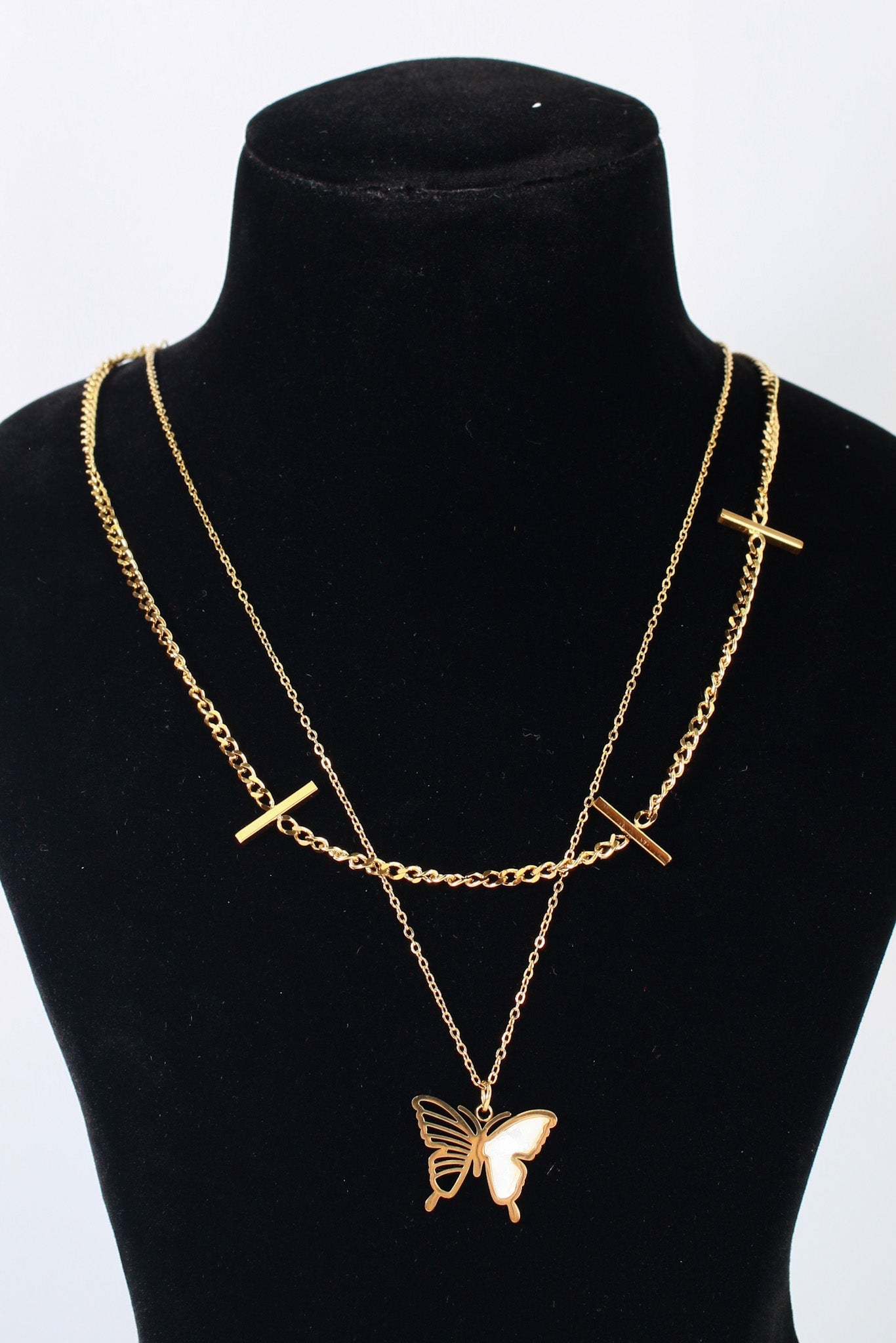Layered Butterfly Pendant Necklace – Dual Chain Gold Plated Design - Maxiblink
