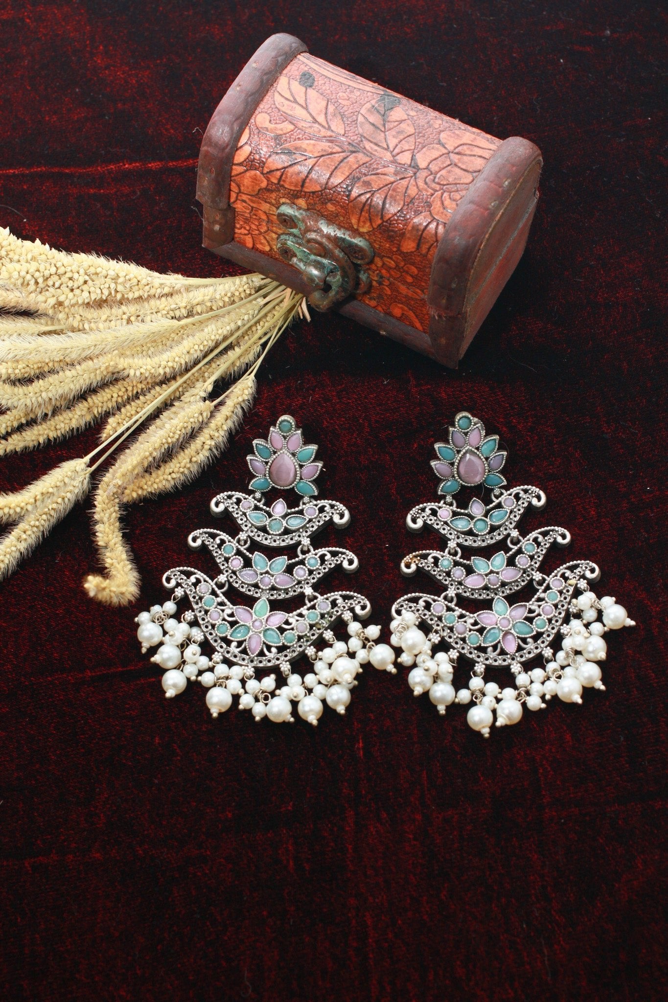 Layered Chandbali Oxidised German Silver Earrings with Pink & Green Monalisa Stones and Pearls - Maxiblink