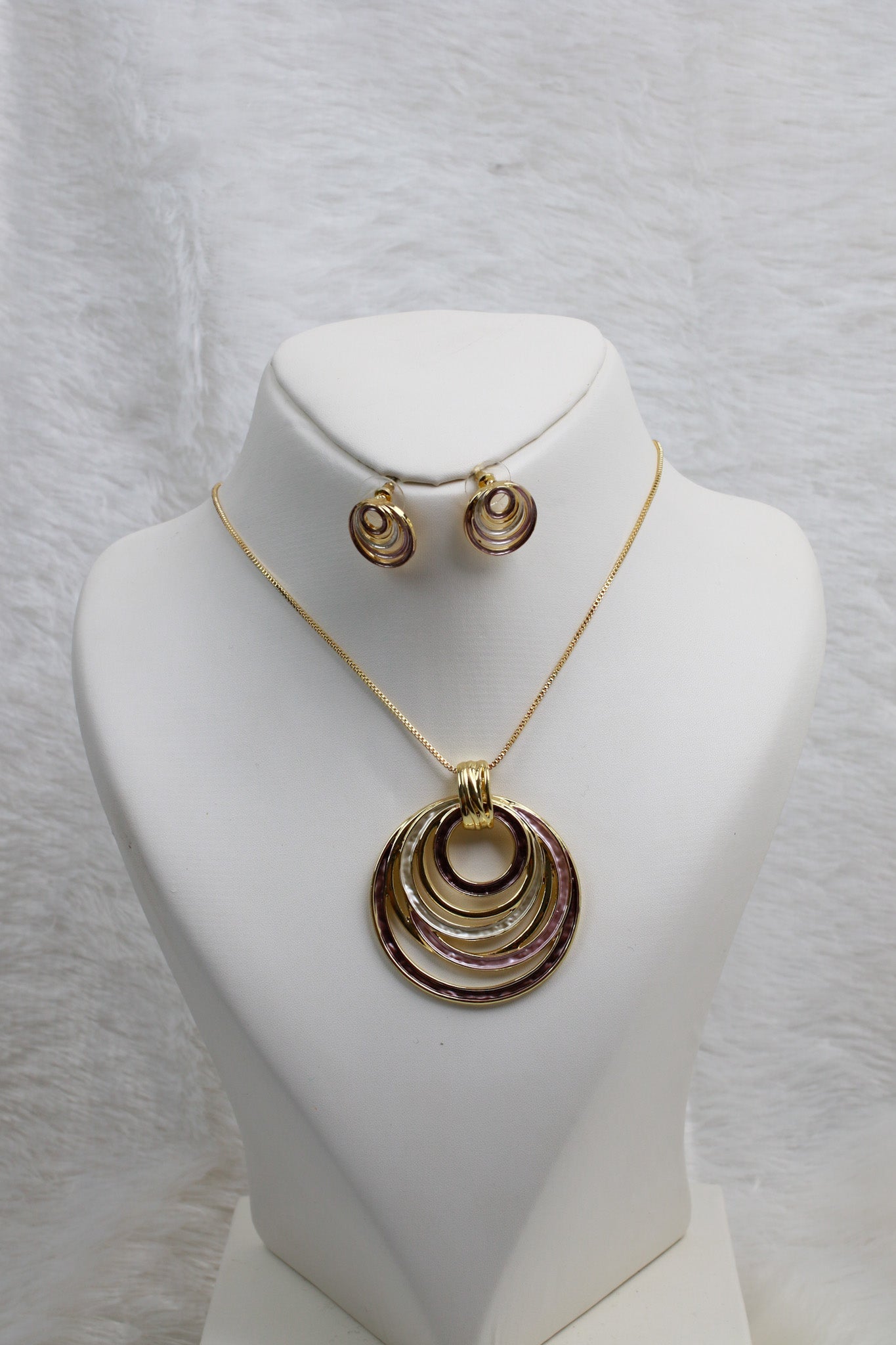 Layered Circle Pendant Set - Gold Plated Multi Ring Necklace & Earrings | Anti Tarnish Coating - Maxiblink