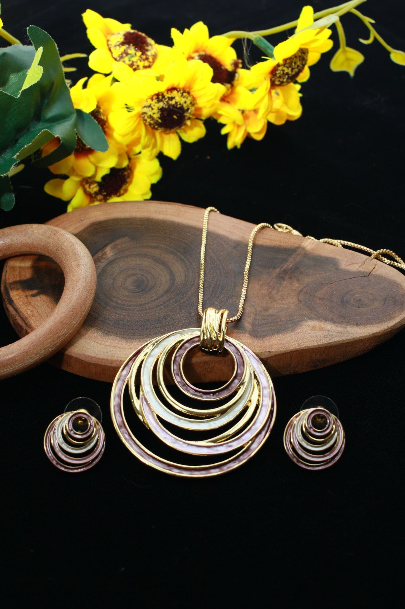 Layered Circle Pendant Set - Gold Plated Multi Ring Necklace & Earrings | Anti Tarnish Coating - Maxiblink