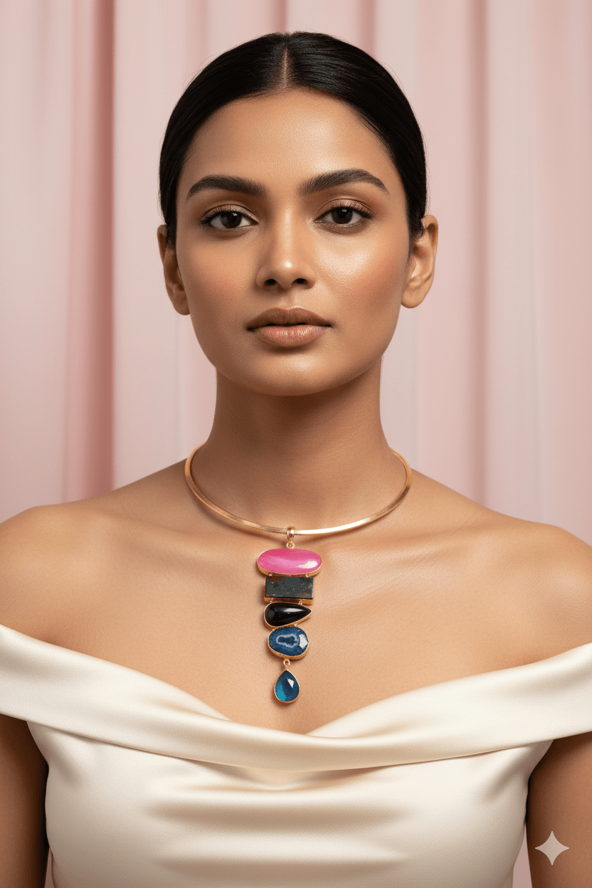 Layered Multistone Hansuli Necklace | Brass Anti Tarnish | Lightweight - Maxiblink