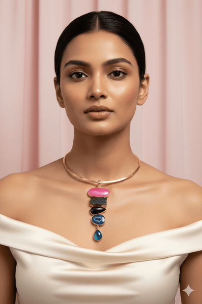 Layered Multistone Hansuli Necklace | Brass Anti Tarnish | Lightweight - Maxiblink