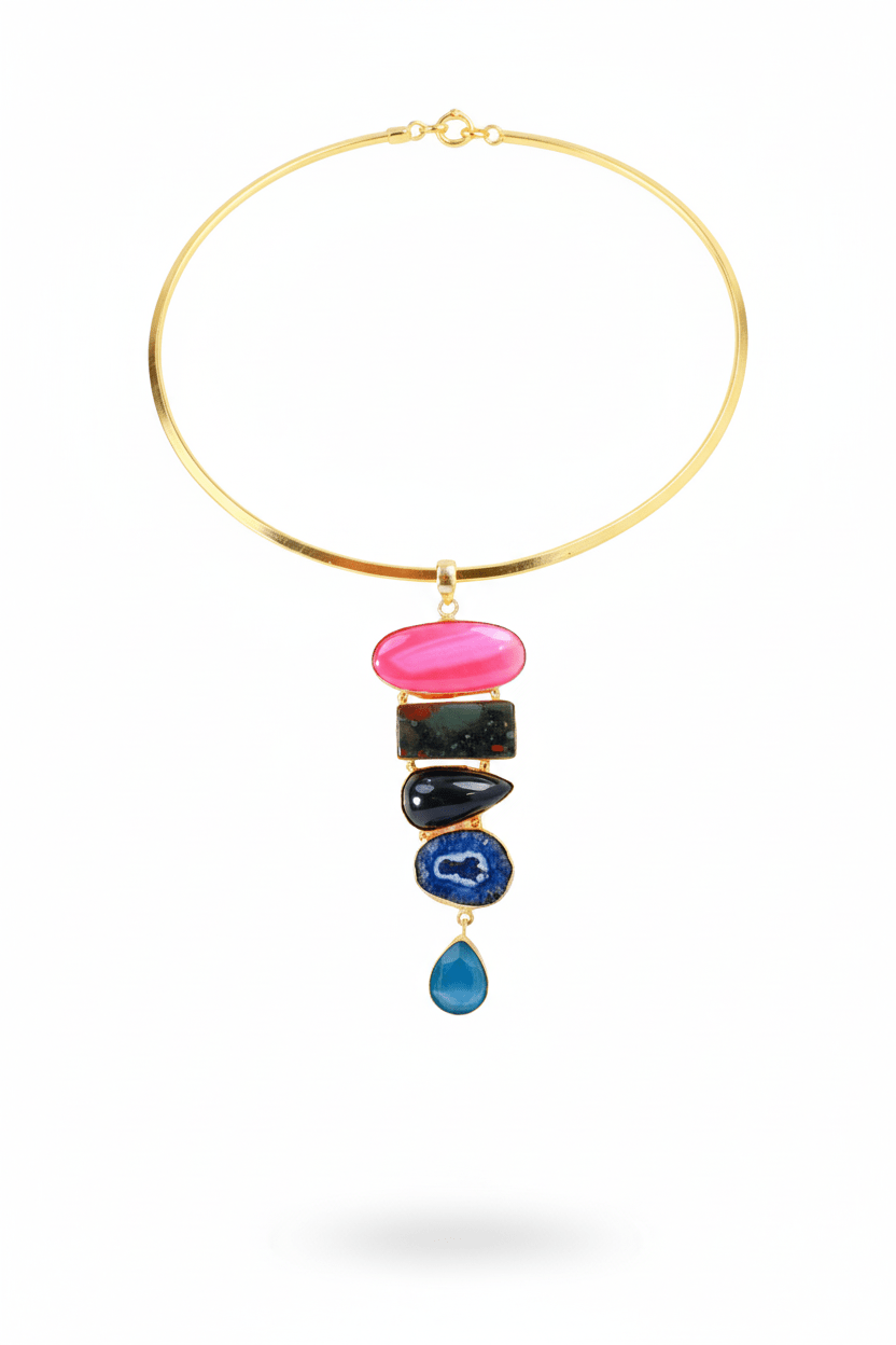 Layered Multistone Hansuli Necklace | Brass Anti Tarnish | Lightweight - Maxiblink