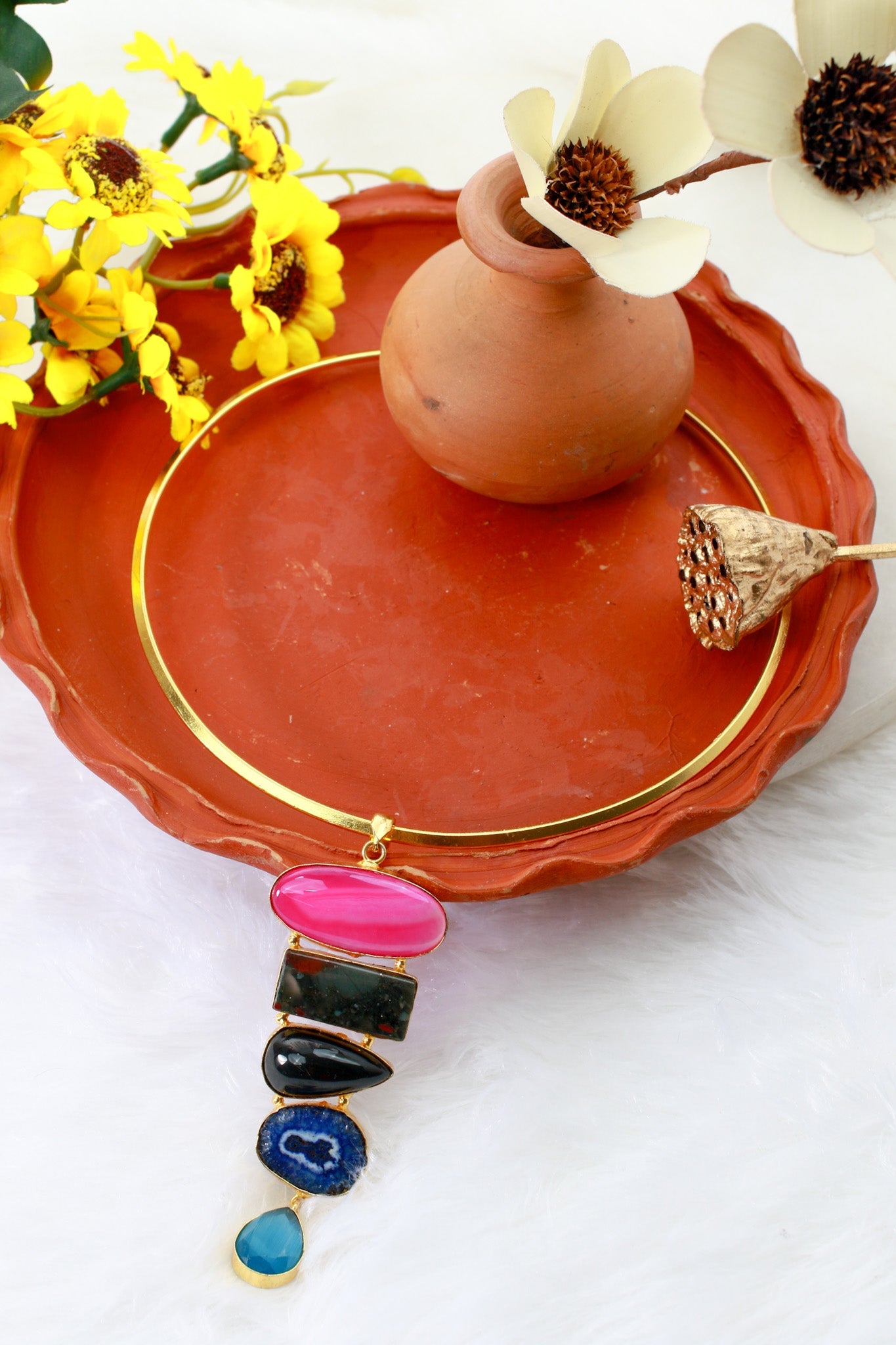 Layered Multistone Hansuli Necklace | Brass Anti Tarnish | Lightweight - Maxiblink