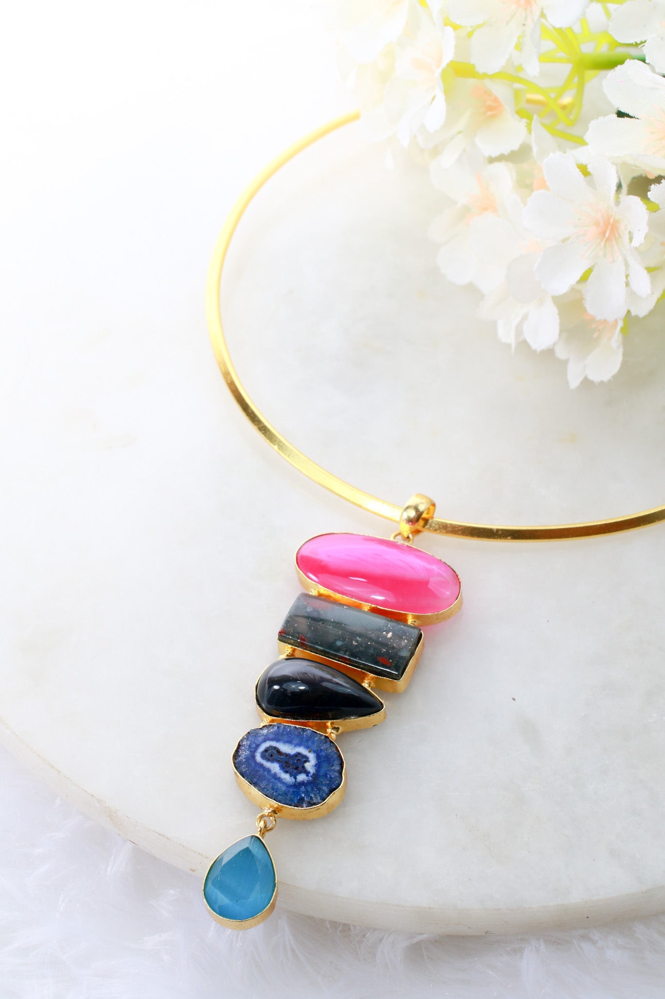 Layered Multistone Hansuli Necklace | Brass Anti Tarnish | Lightweight - Maxiblink