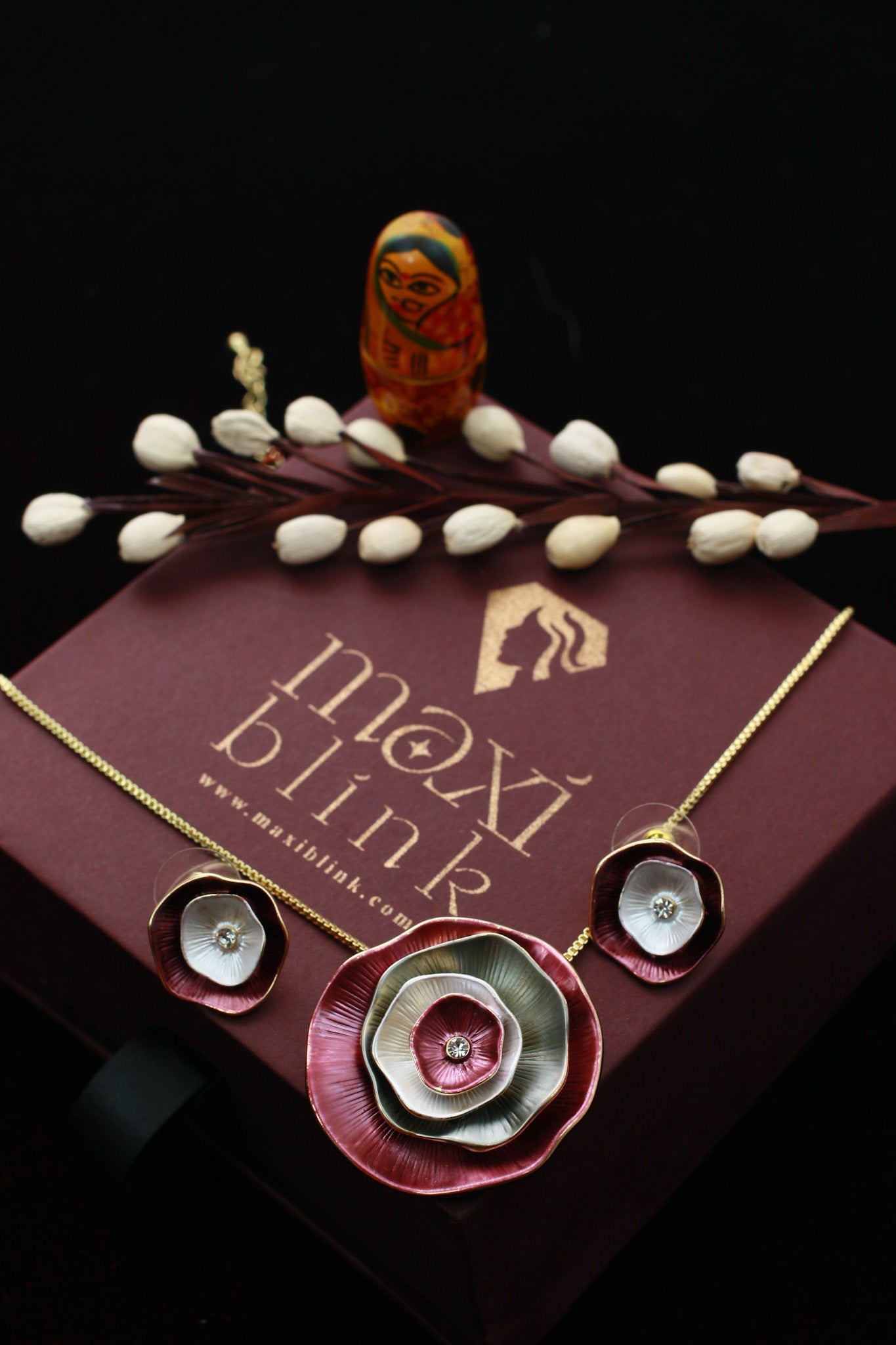 Layered Rose Circle Pendant Set - Red & Grey Enamel Luxury Necklace & Earrings - Maxiblink