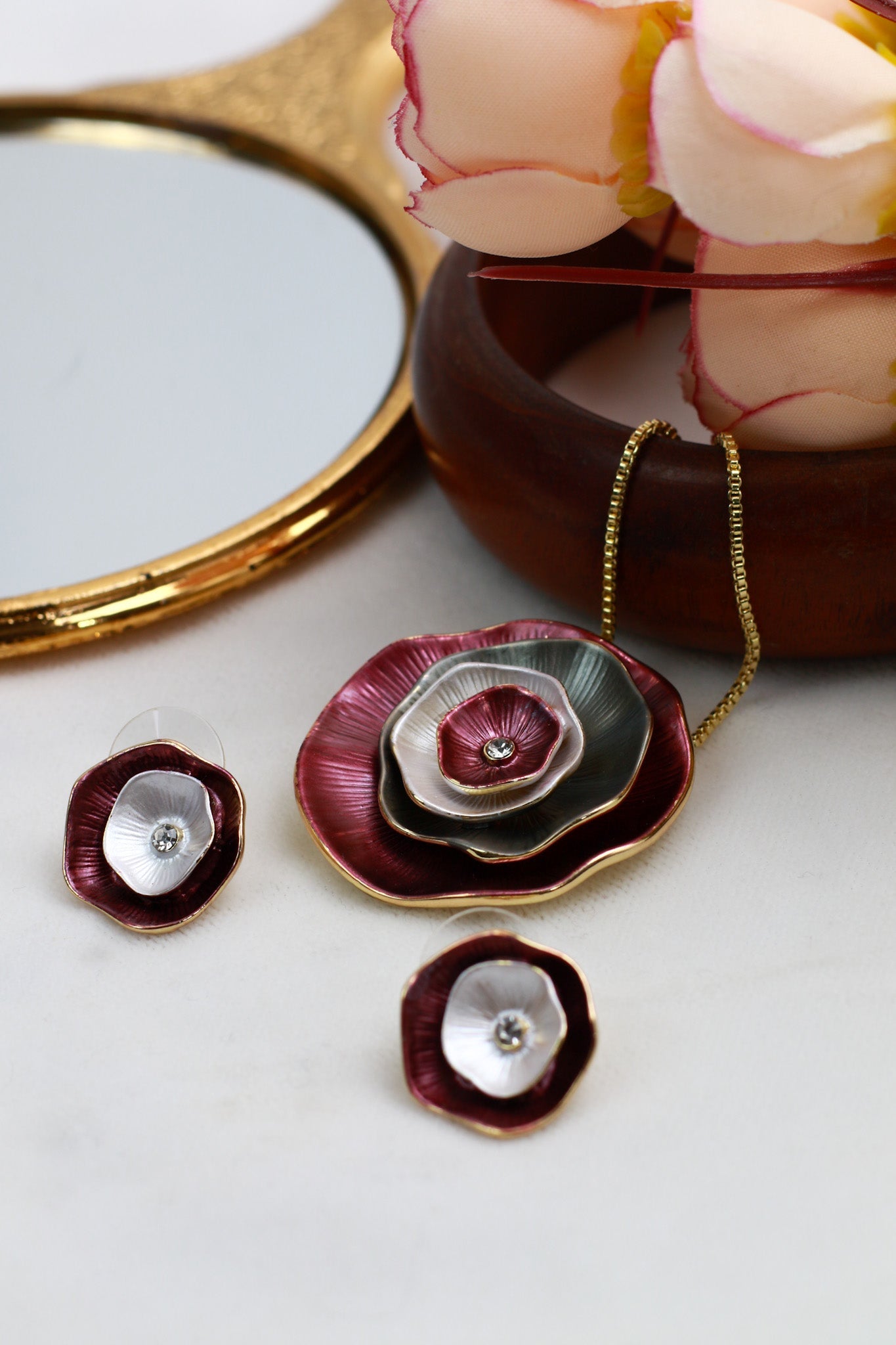 Layered Rose Circle Pendant Set - Red & Grey Enamel Luxury Necklace & Earrings - Maxiblink
