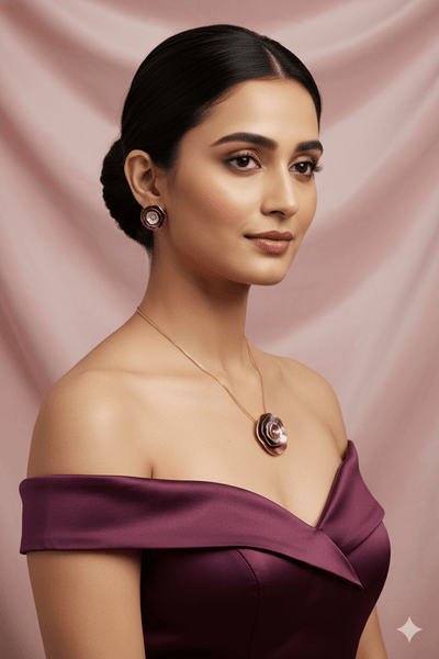 Layered Rose Circle Pendant Set - Red & Grey Enamel Luxury Necklace & Earrings - Maxiblink
