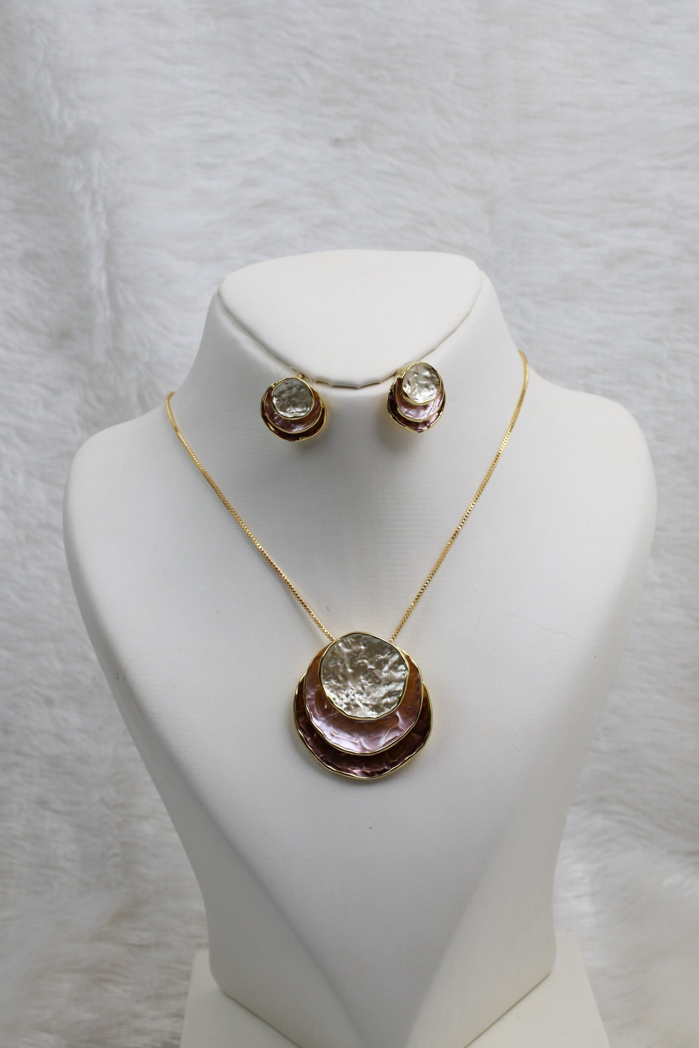 Layered Shell Circle Pendant Set - Pink & Silver Enamel | Luxury Anti - Tarnish Necklace & Earrings - Maxiblink