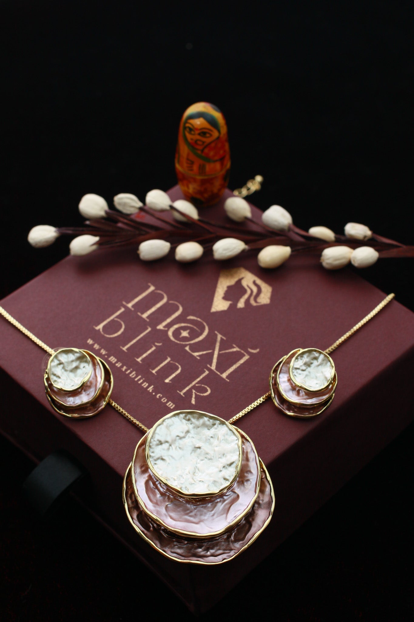 Layered Shell Circle Pendant Set - Pink & Silver Enamel | Luxury Anti - Tarnish Necklace & Earrings - Maxiblink