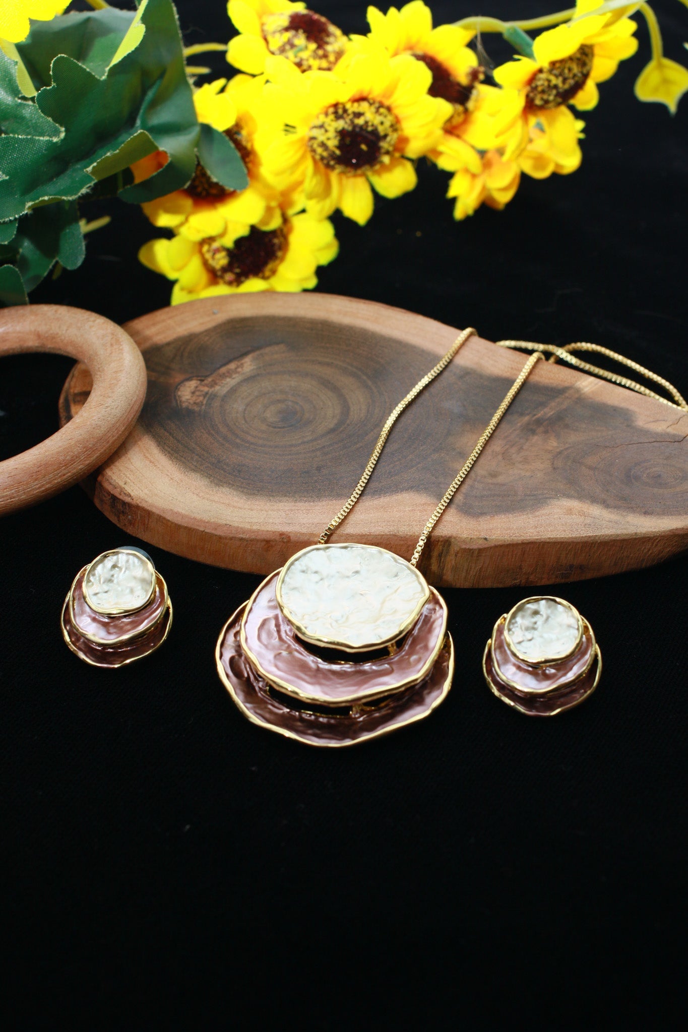 Layered Shell Circle Pendant Set - Pink & Silver Enamel | Luxury Anti - Tarnish Necklace & Earrings - Maxiblink