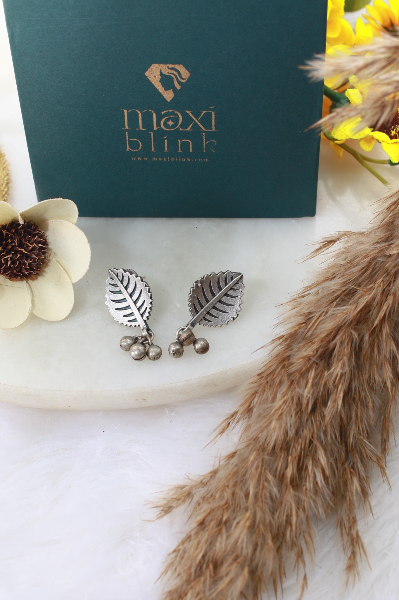 Leaf Dangling Oxidised German Silver Earrings | Antique Finish Ethnic Earrings - Maxiblink