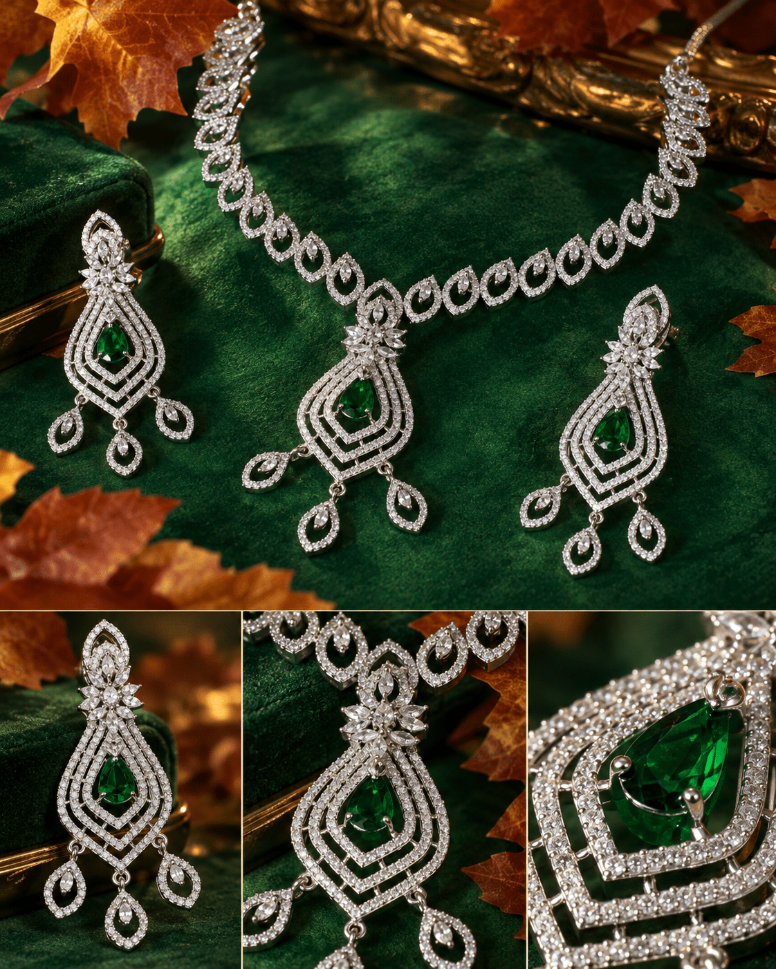 Leaf Drop Emerald AD Necklace Set - Maxiblink