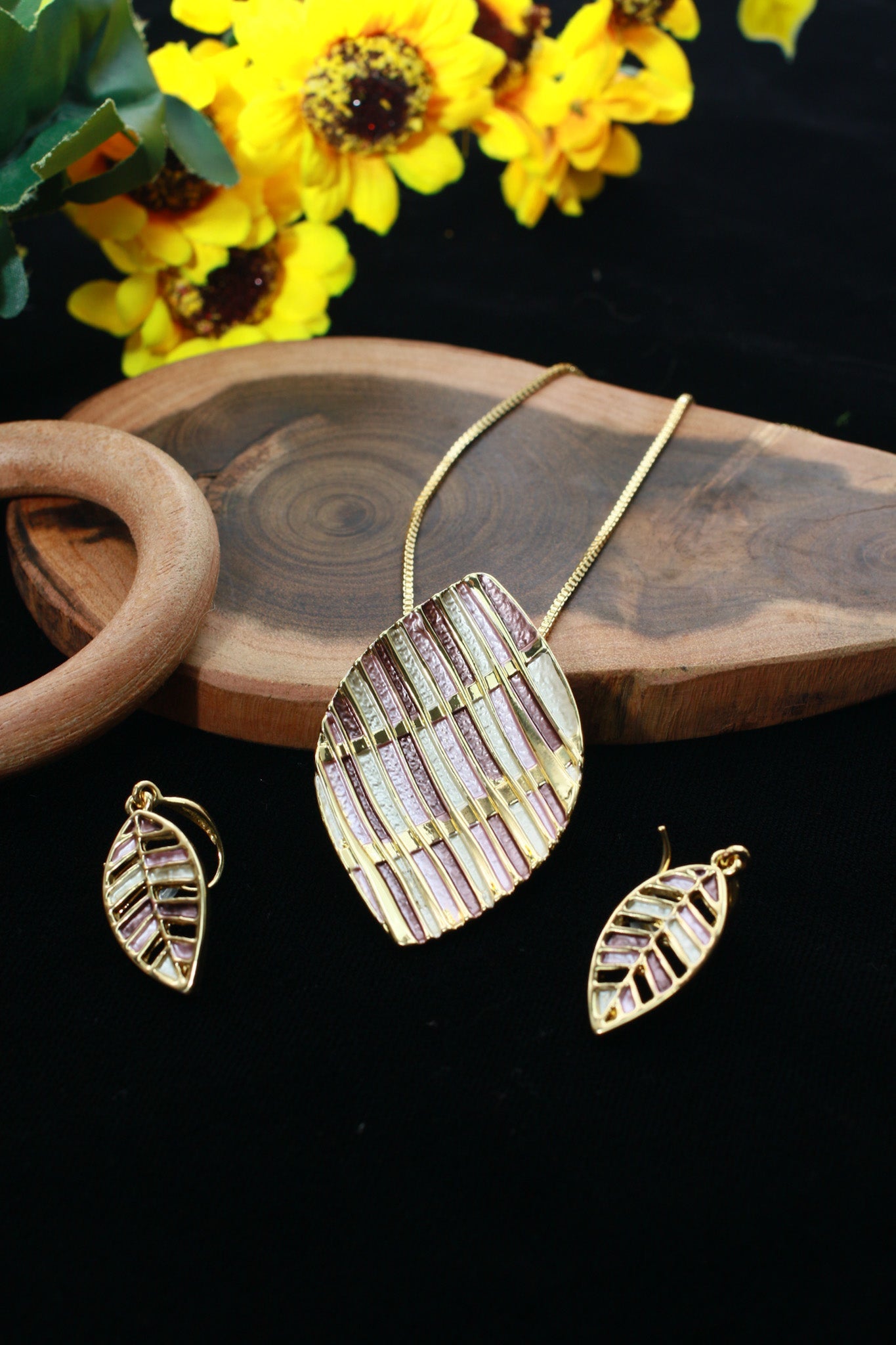 Leaf Enamel Pendant Set - Gold Plated Leaf Design | Pink & Beige Enamel Finish | Anti Tarnish - Maxiblink