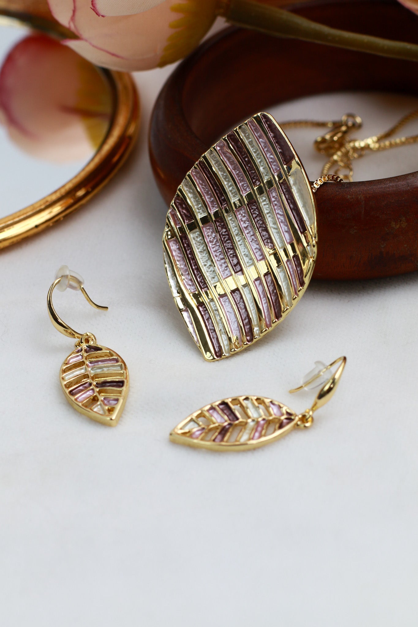 Leaf Enamel Pendant Set - Gold Plated Leaf Design | Pink & Beige Enamel Finish | Anti Tarnish - Maxiblink