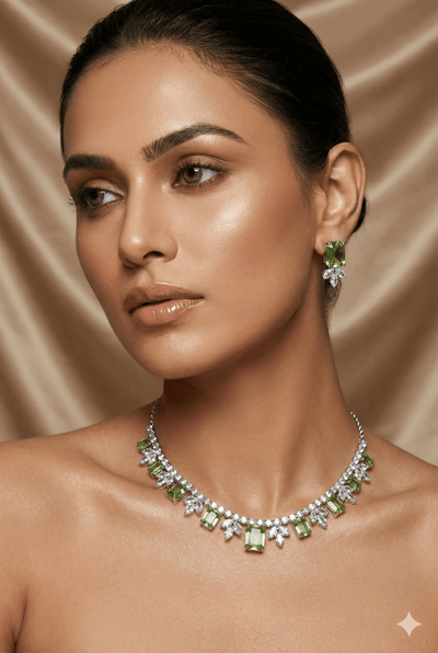 Light Green Korean Glass Stone Necklace Set | Premium Crystal Jewellery - Maxiblink