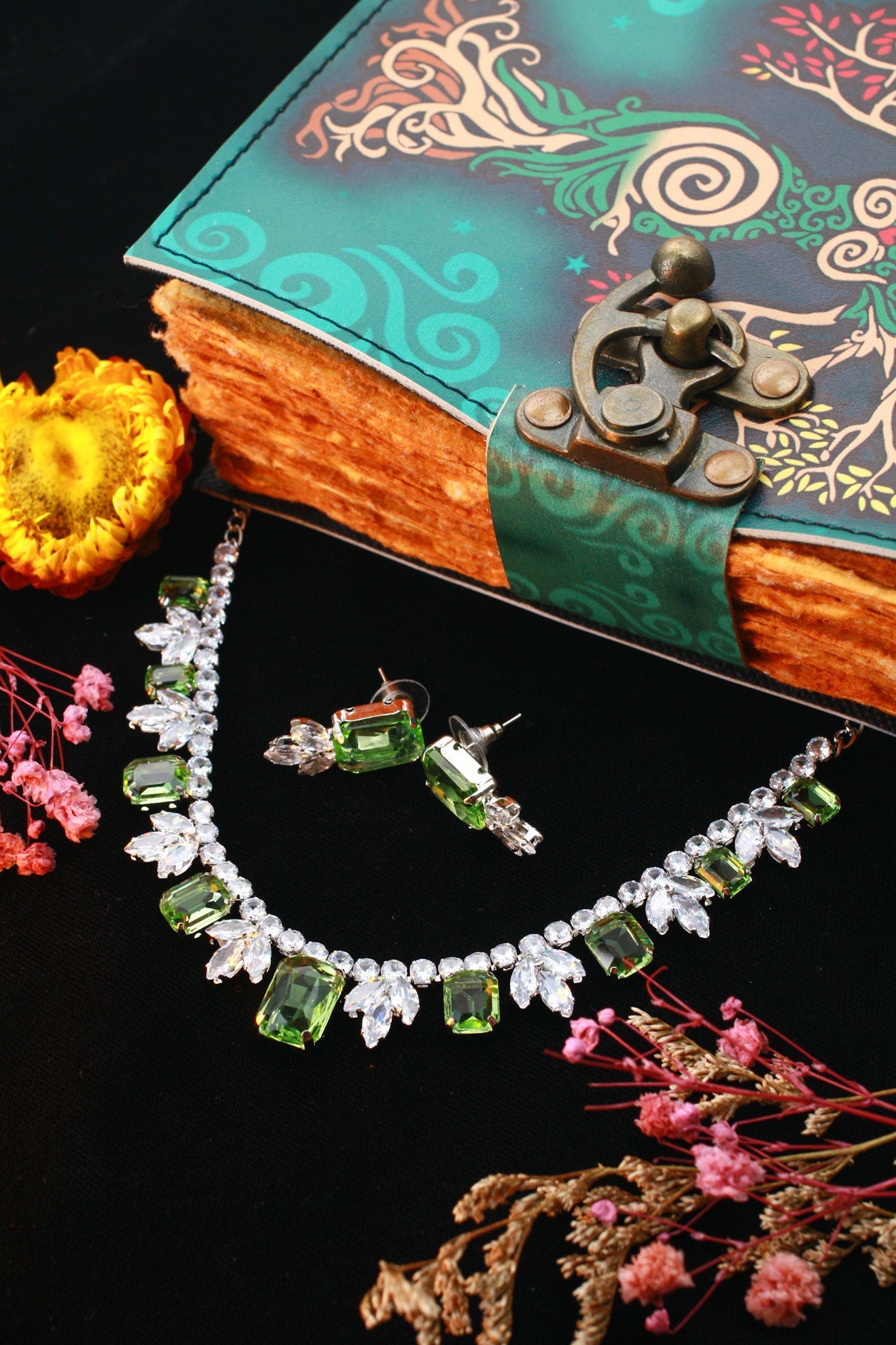 Light Green Korean Glass Stone Necklace Set | Premium Crystal Jewellery - Maxiblink