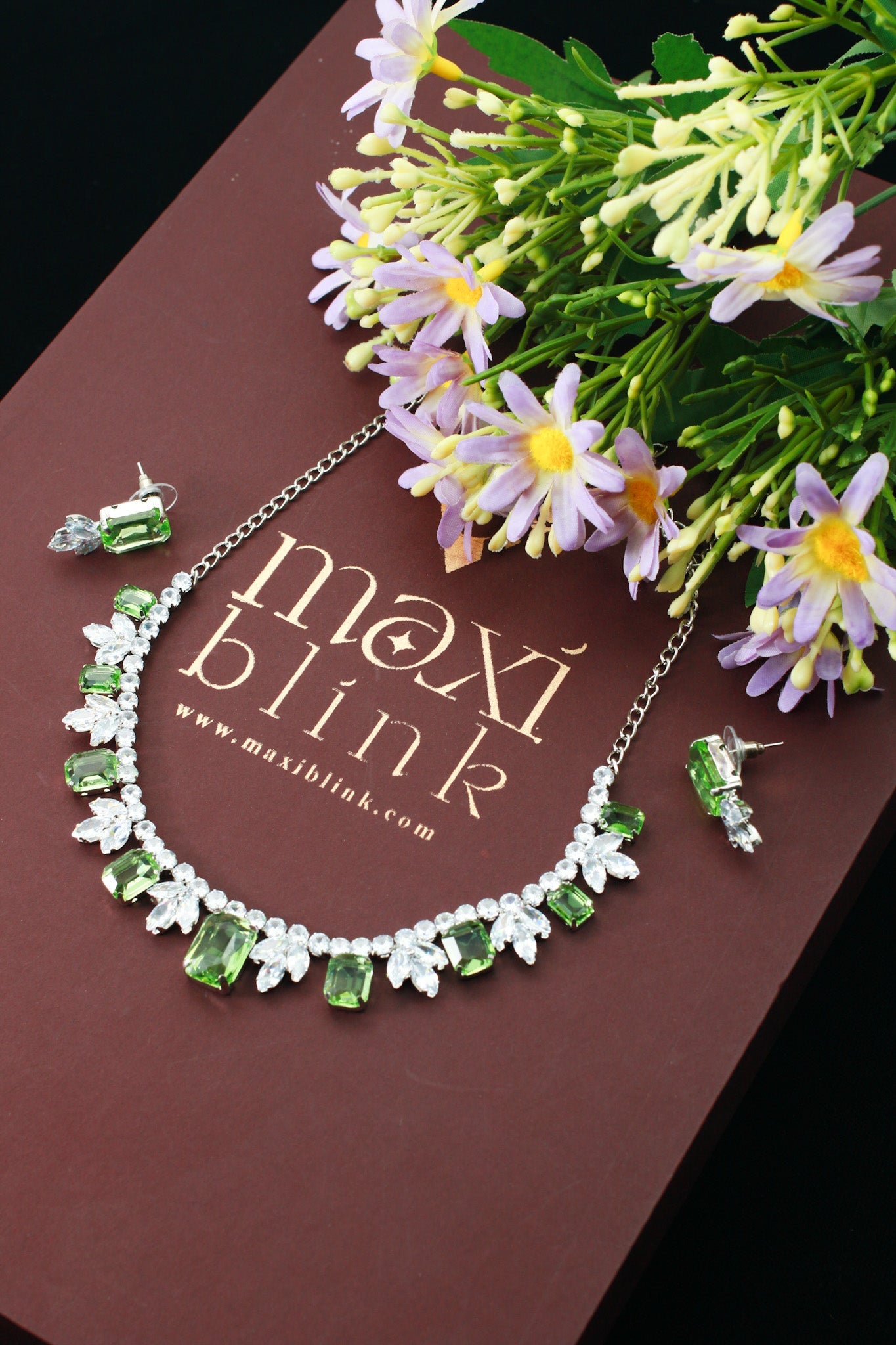 Light Green Korean Glass Stone Necklace Set | Premium Crystal Jewellery - Maxiblink