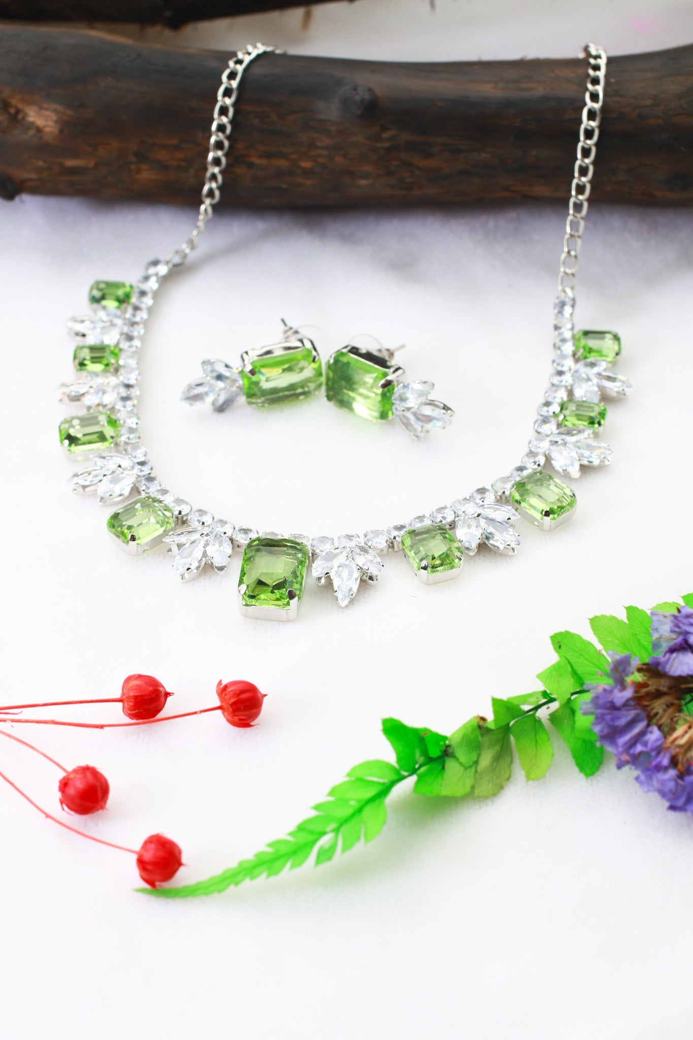 Light Green Korean Glass Stone Necklace Set | Premium Crystal Jewellery - Maxiblink