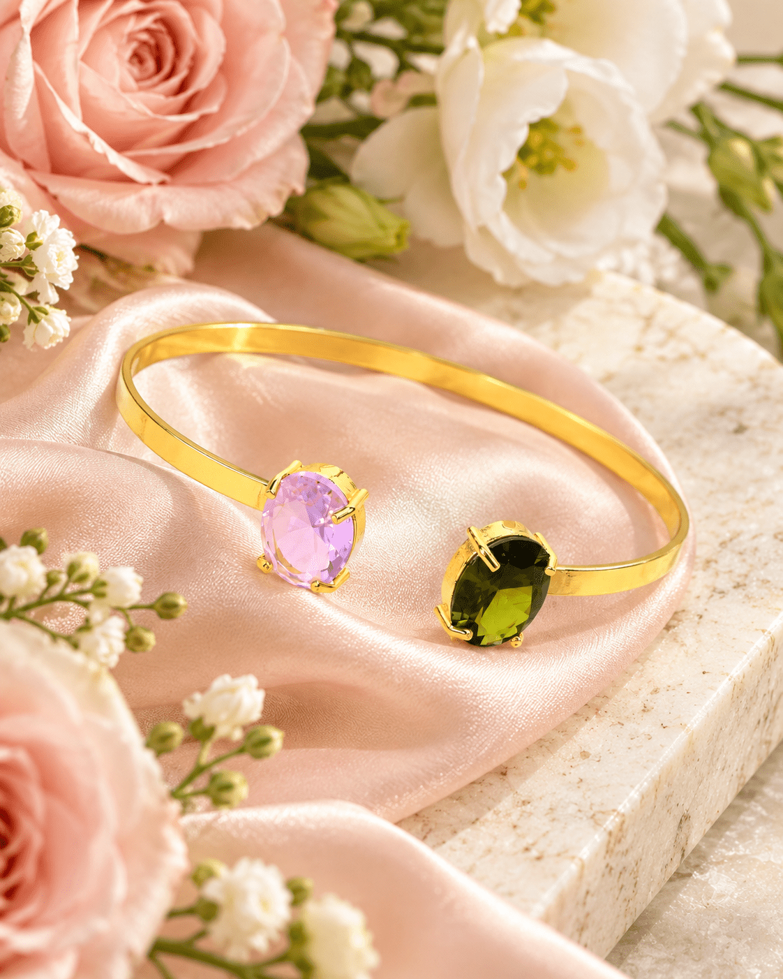 Lilac & Olive Oval Stone Flat Cuff Bracelet - Maxiblink