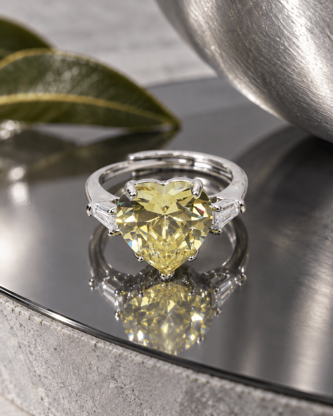 Lime Yellow Heart Solitaire Ring with Baguette Sides - Maxiblink