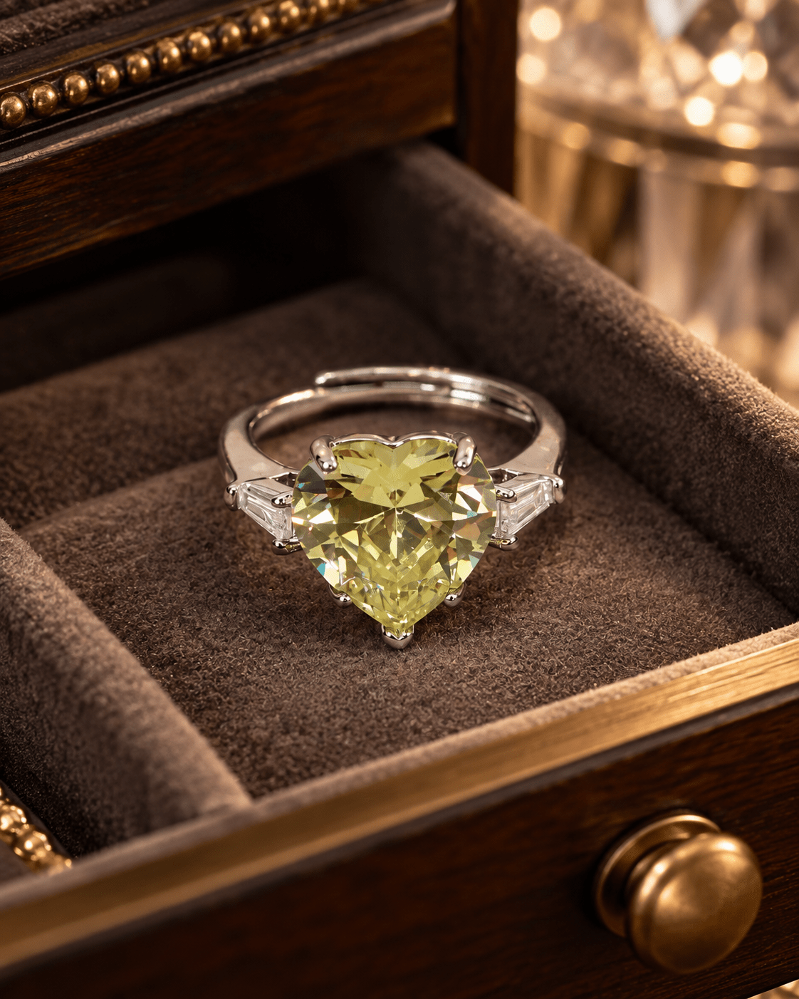 Lime Yellow Heart Solitaire Ring with Baguette Sides - Maxiblink
