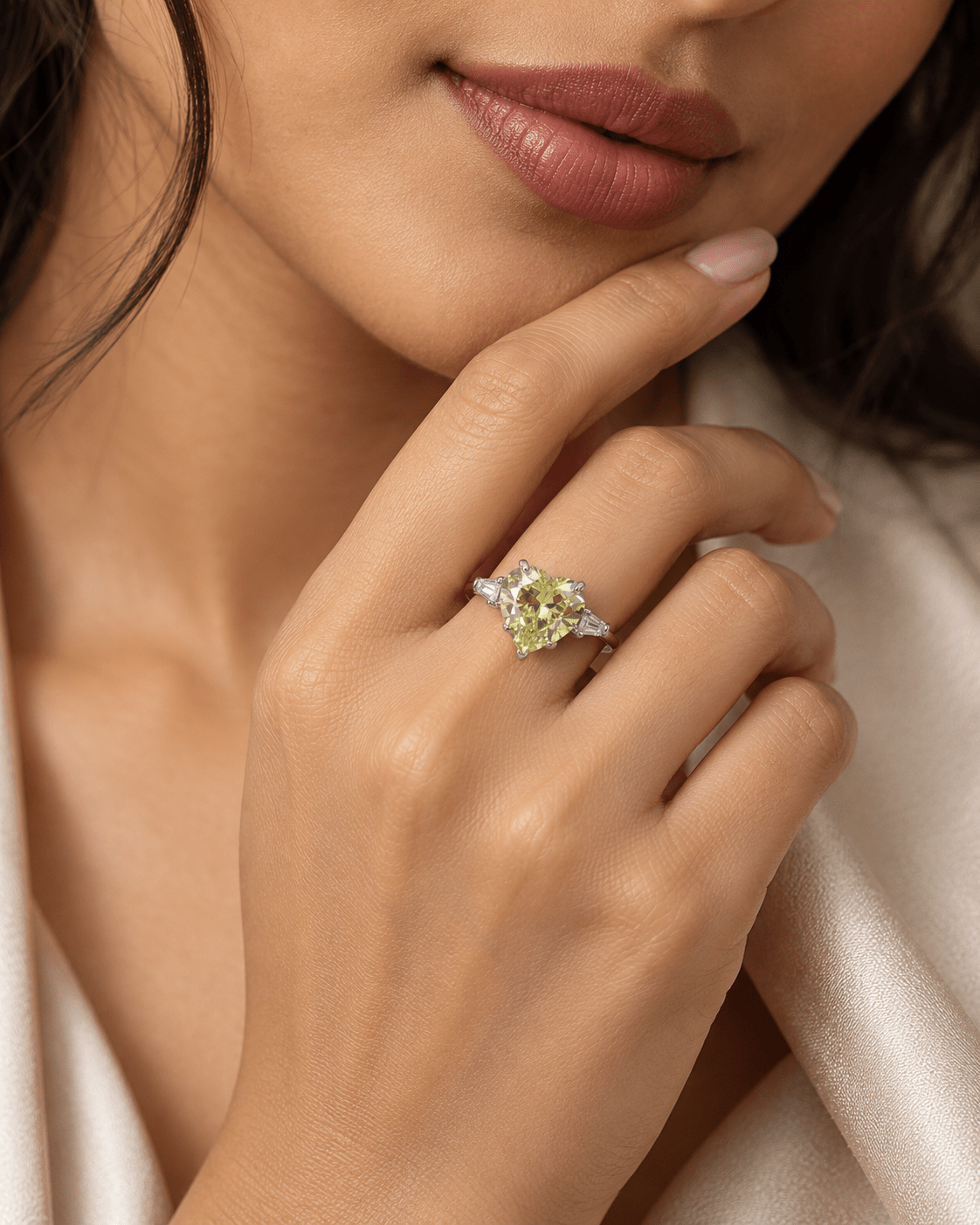 Lime Yellow Heart Solitaire Ring with Baguette Sides - Maxiblink