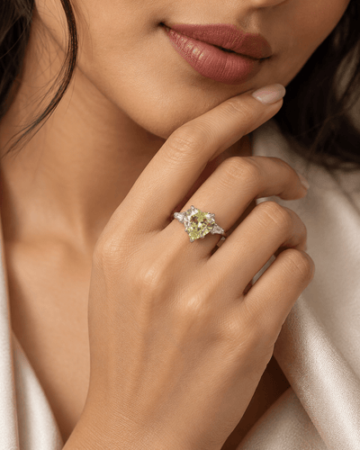 Lime Yellow Heart Solitaire Ring with Baguette Sides - Maxiblink