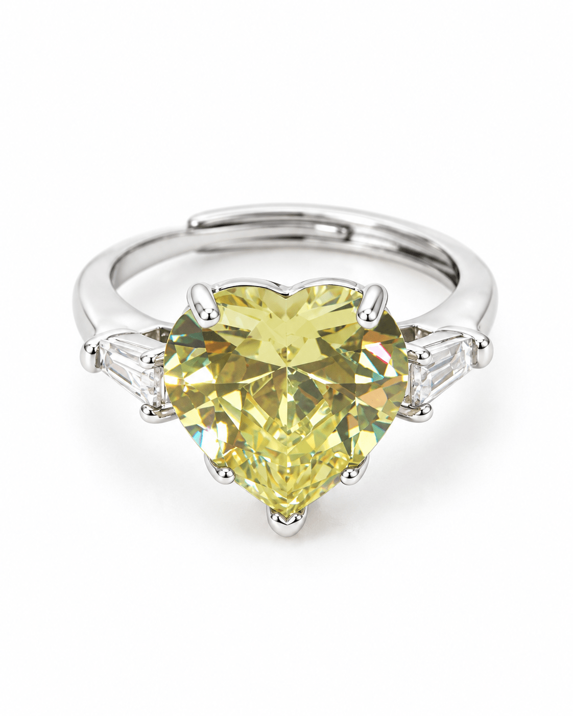 Lime Yellow Heart Solitaire Ring with Baguette Sides - Maxiblink