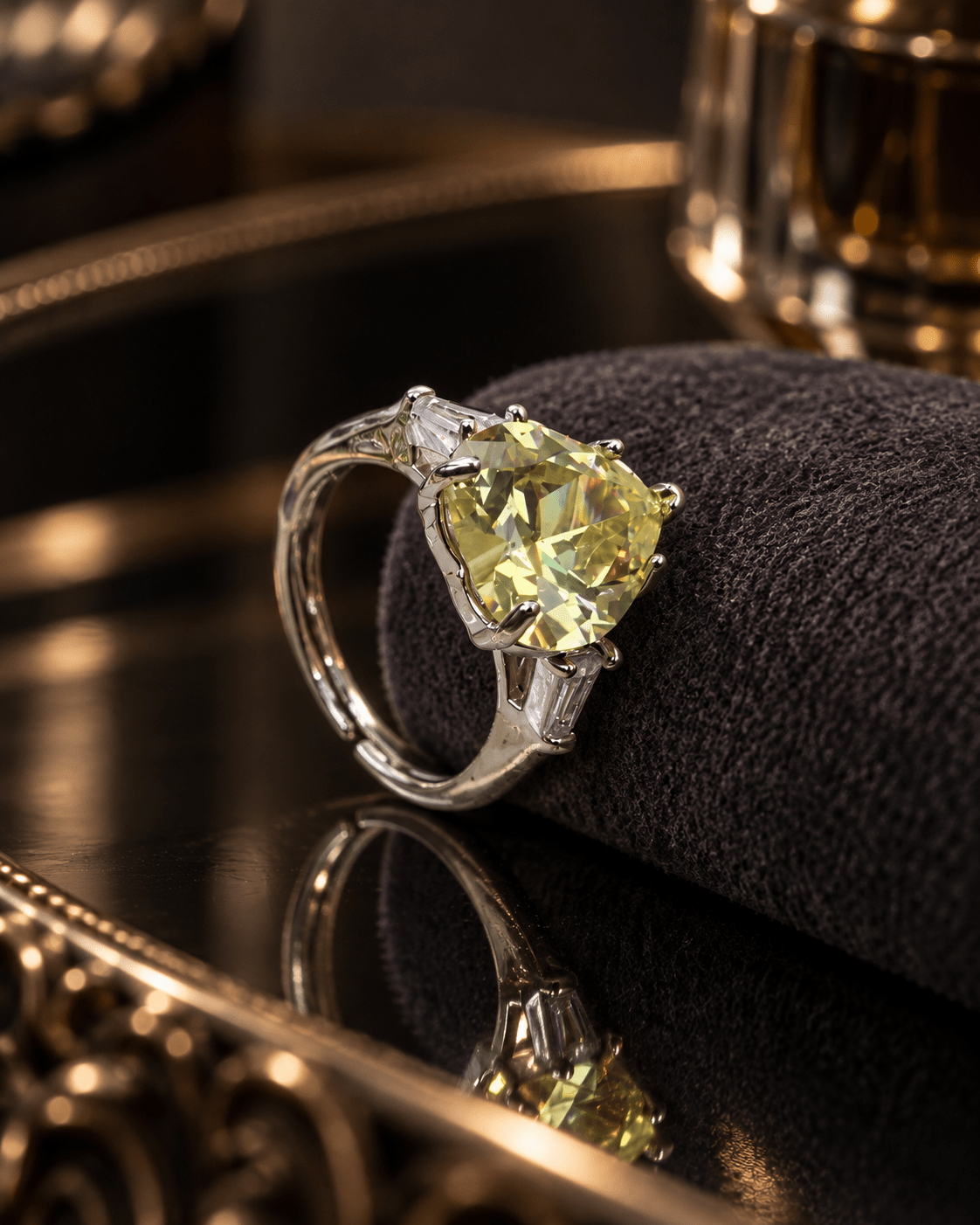 Lime Yellow Heart Solitaire Ring with Baguette Sides - Maxiblink