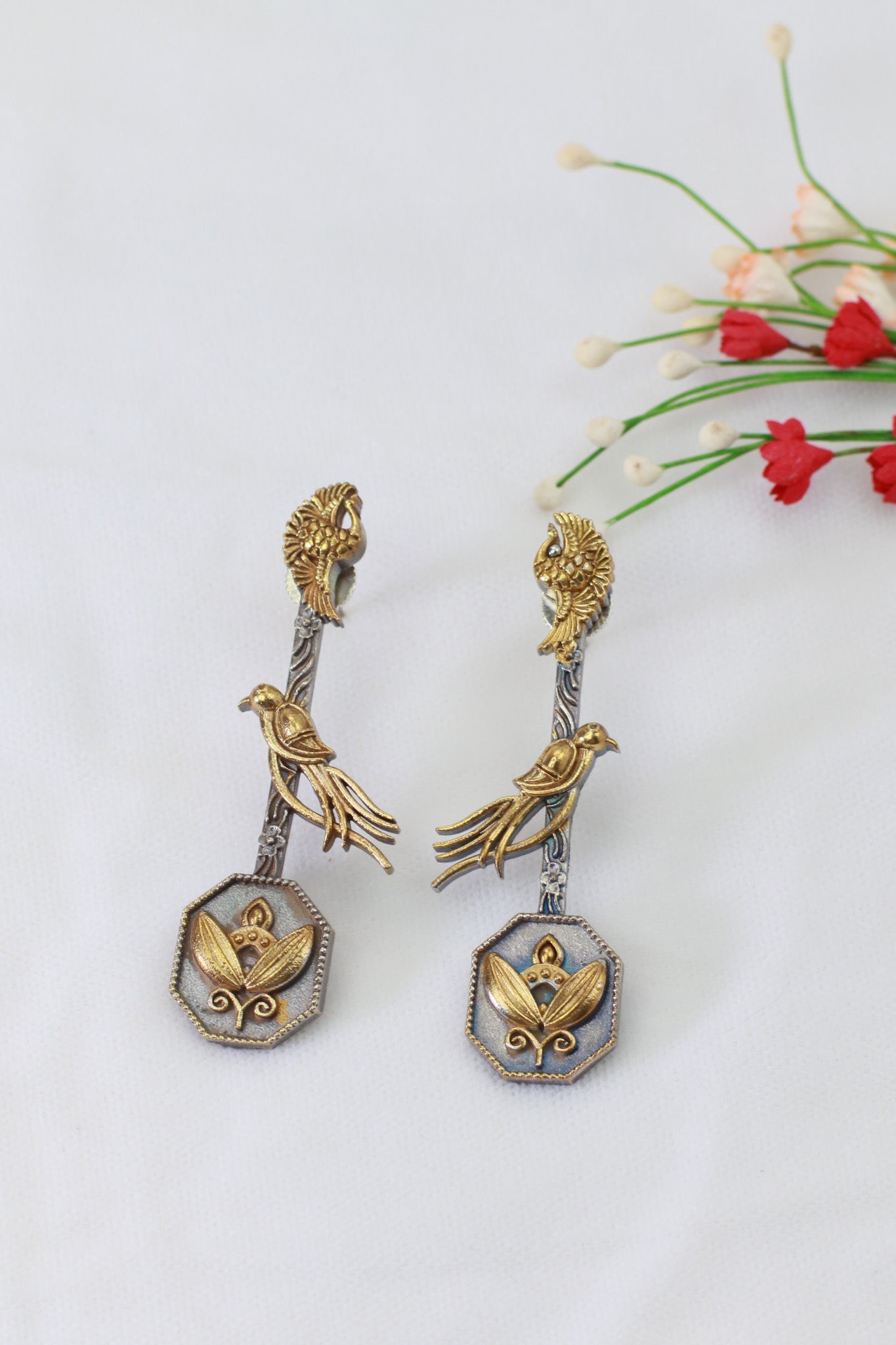 Long Bird Drop German Silver Earrings – Antique Dual Tone Finish - Maxiblink