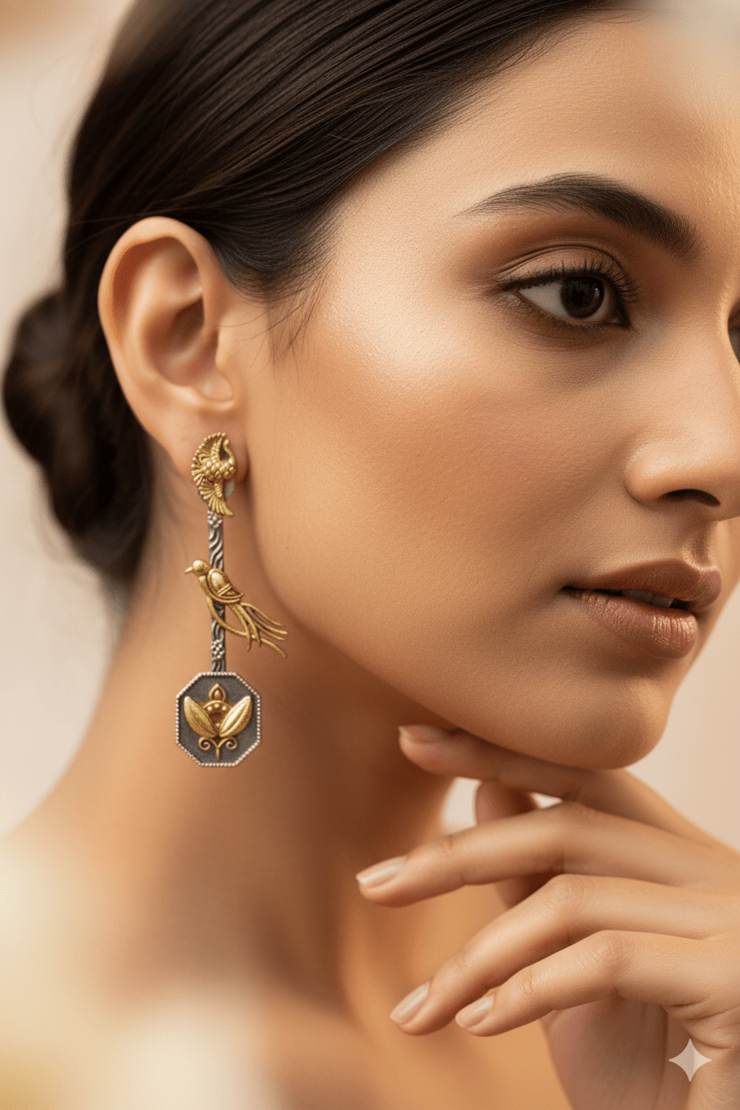 Long Bird Drop German Silver Earrings – Antique Dual Tone Finish - Maxiblink