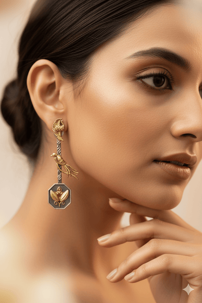 Long Bird Drop German Silver Earrings – Antique Dual Tone Finish - Maxiblink