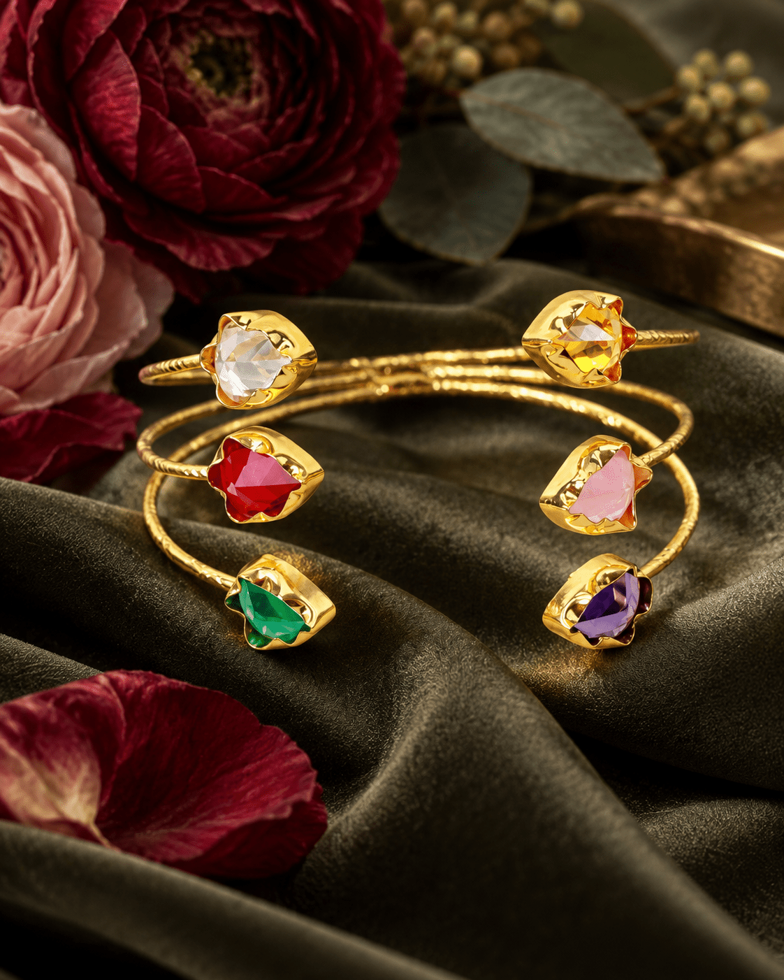 Lotus Bud Stone Triple Row Cuff Bracelet - Maxiblink