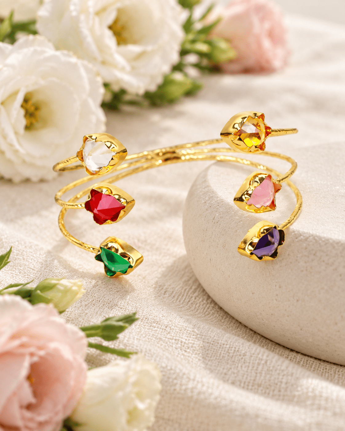 Lotus Bud Stone Triple Row Cuff Bracelet - Maxiblink