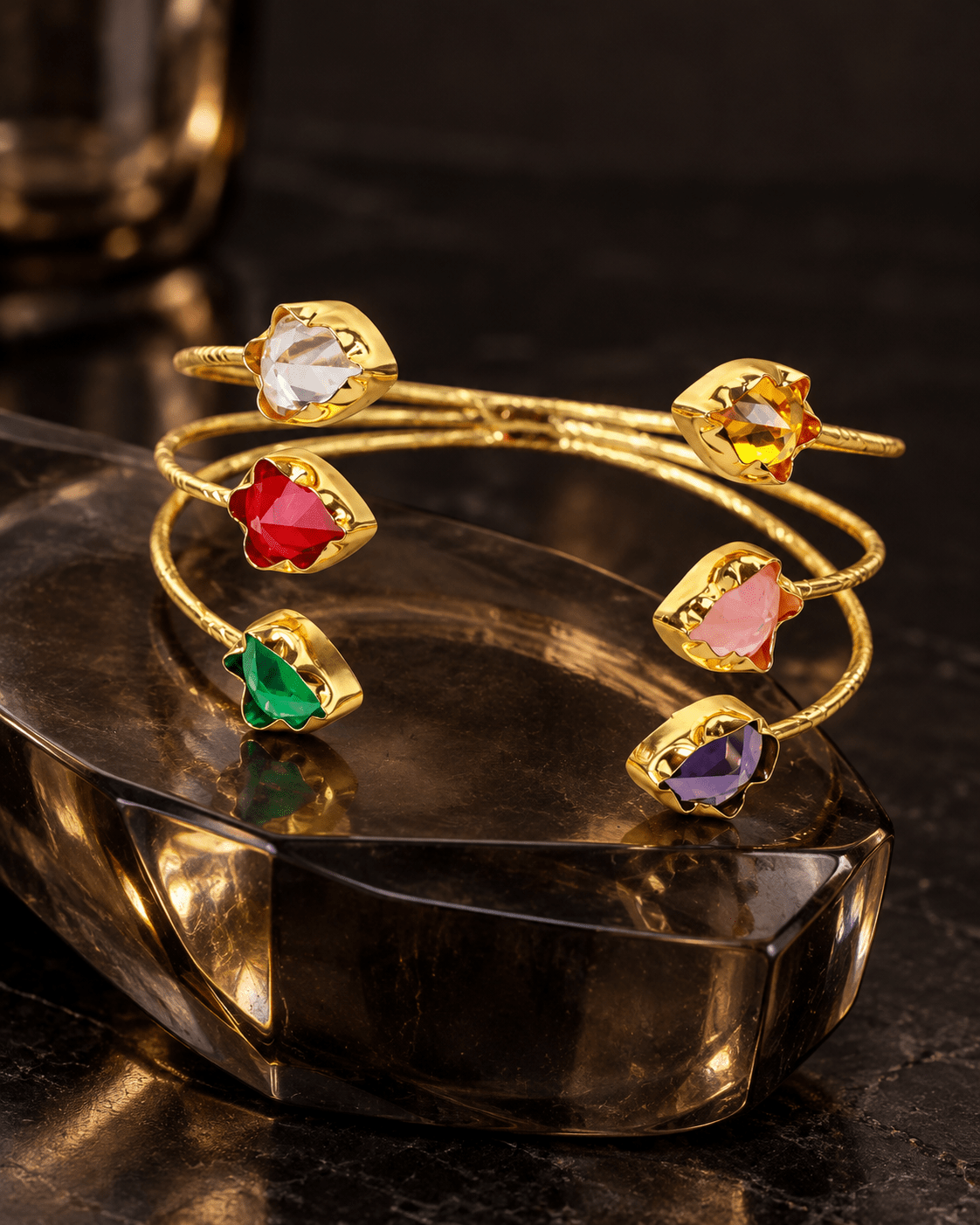 Lotus Bud Stone Triple Row Cuff Bracelet - Maxiblink