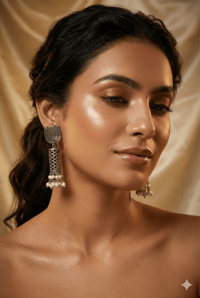 Lotus Oxidised German Silver Jhumka Earrings with Pearl Cluster Drops | Antique Finish Earrings - Maxiblink