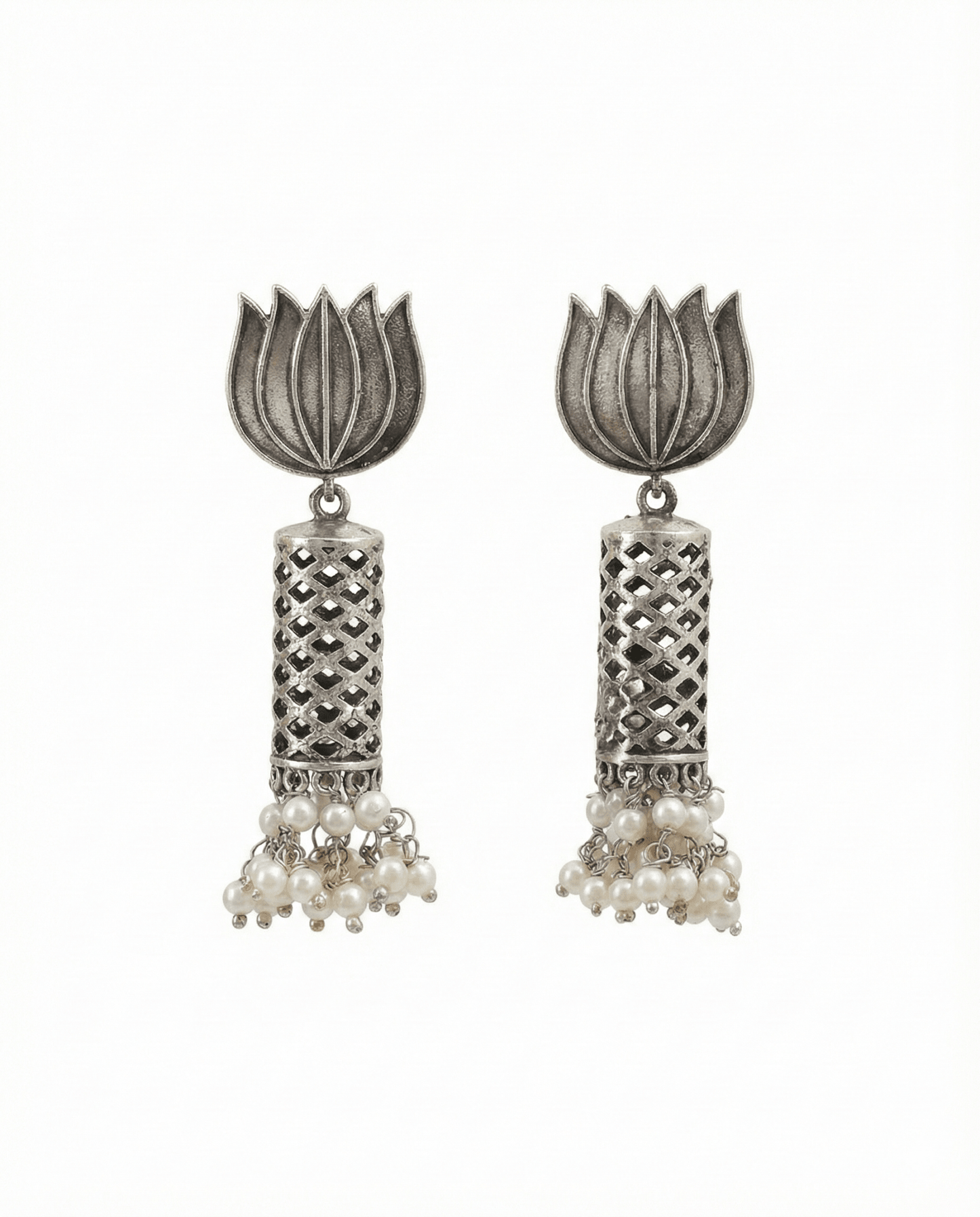 Lotus Oxidised German Silver Jhumka Earrings with Pearl Cluster Drops | Antique Finish Earrings - Maxiblink