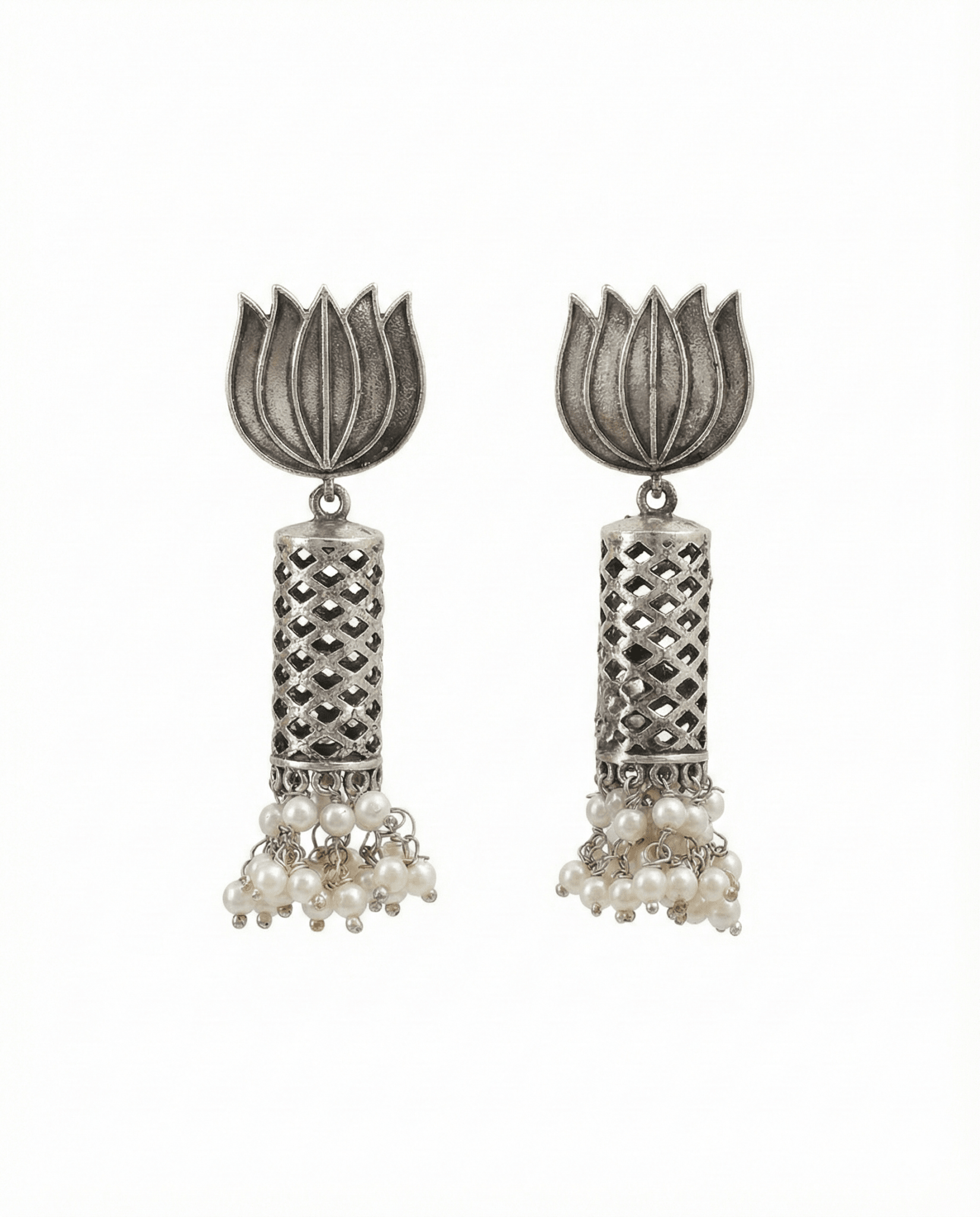 Lotus Oxidised German Silver Jhumka Earrings with Pearl Cluster Drops | Antique Finish Earrings - Maxiblink