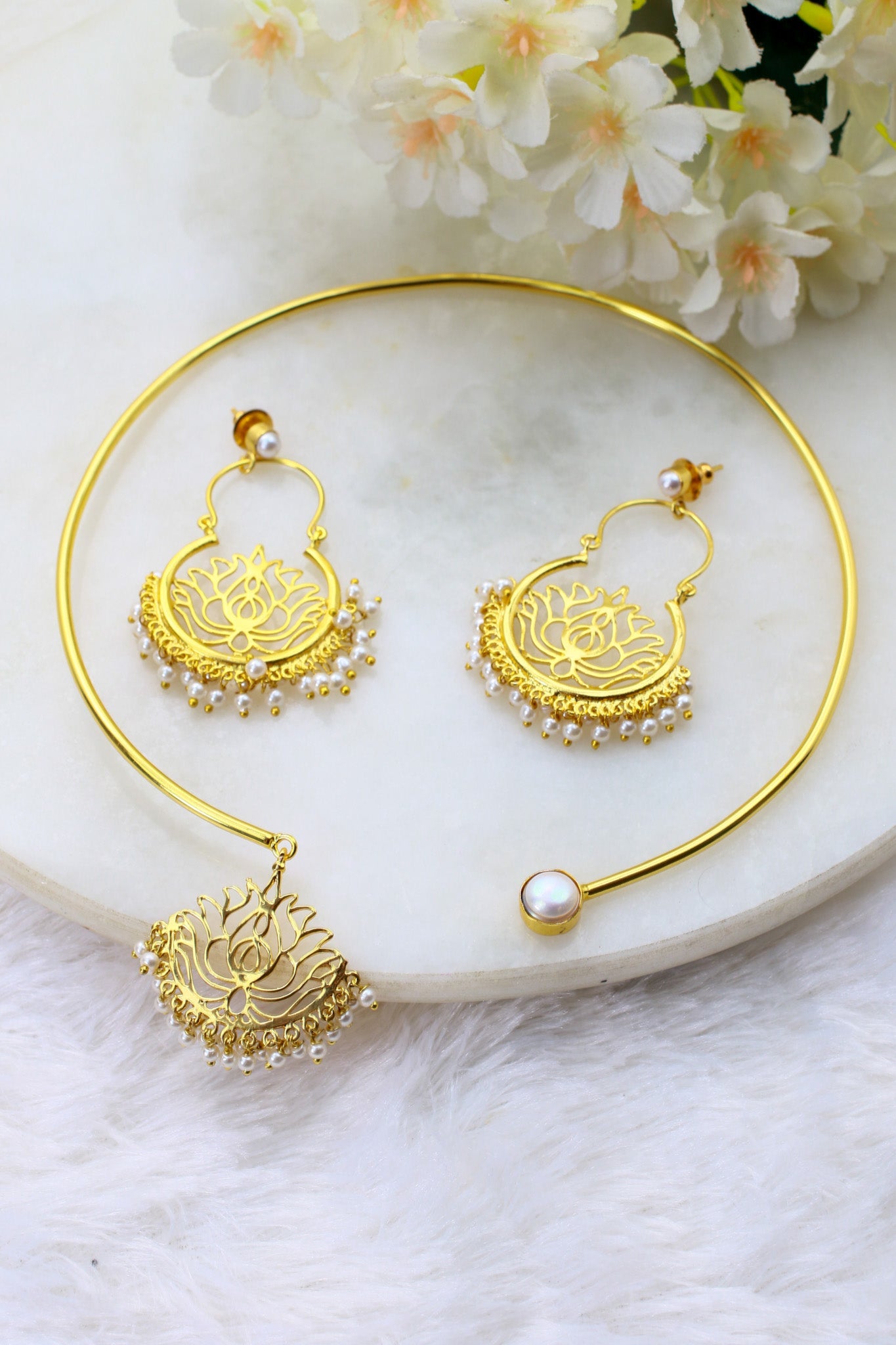 Lotus Pearl Heritage Necklace Set – Brass Gold Plated | Anti - Tarnish Coated - Maxiblink