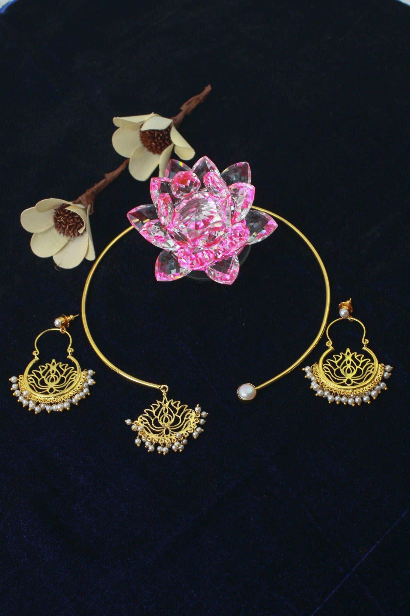 Lotus Pearl Heritage Necklace Set – Brass Gold Plated | Anti - Tarnish Coated - Maxiblink