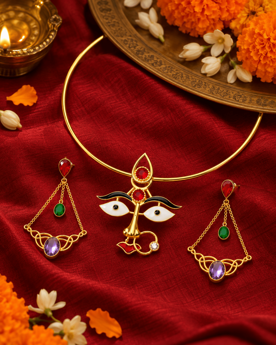 Maa Durga Face Hansuli Necklace Set with Stone Drop Earrings - Maxiblink