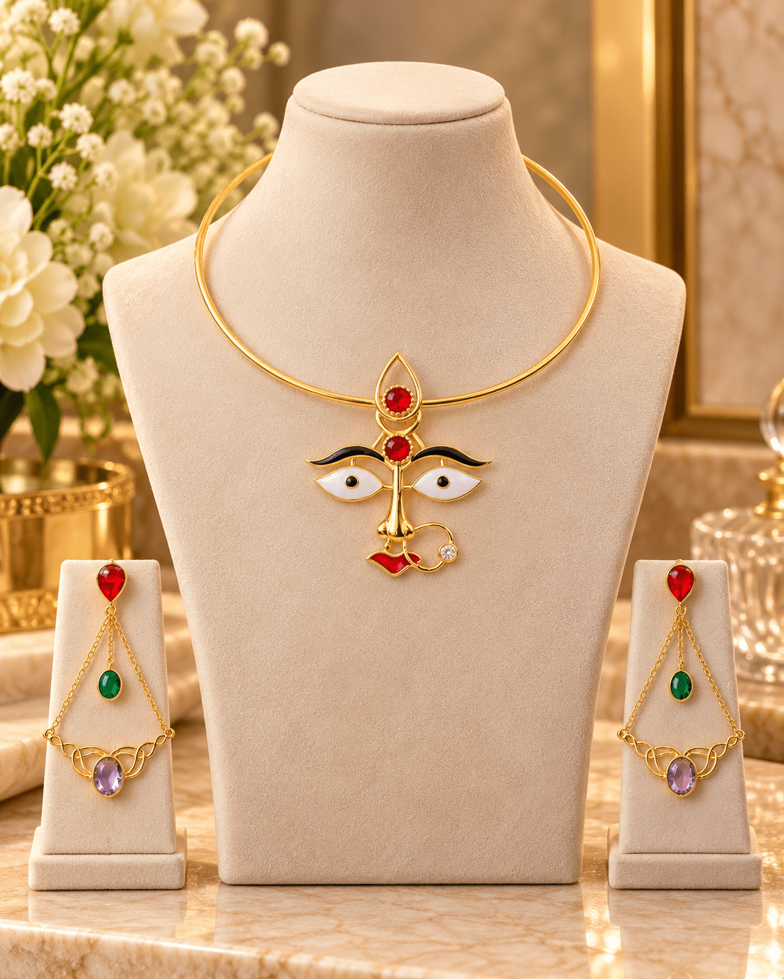 Maa Durga Face Hansuli Necklace Set with Stone Drop Earrings - Maxiblink