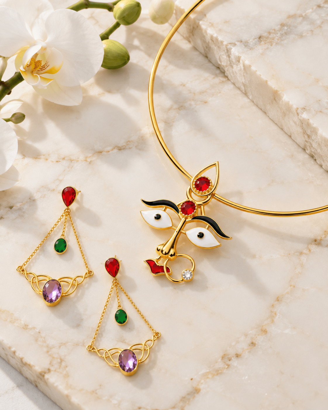 Maa Durga Face Hansuli Necklace Set with Stone Drop Earrings - Maxiblink