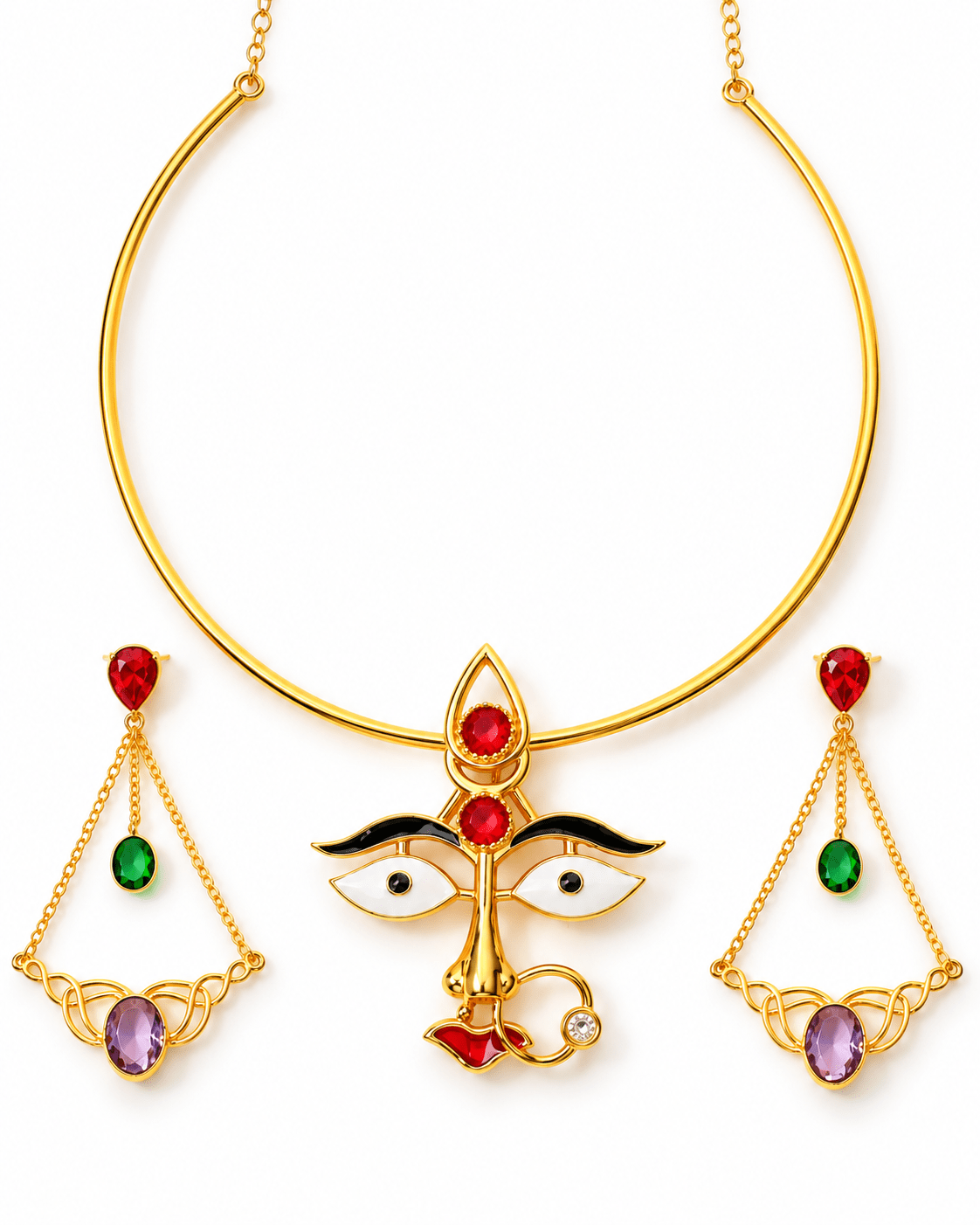 Maa Durga Face Hansuli Necklace Set with Stone Drop Earrings - Maxiblink