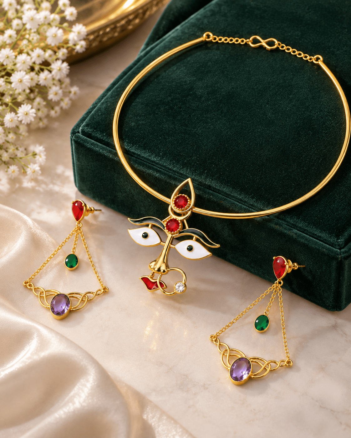 Maa Durga Face Hansuli Necklace Set with Stone Drop Earrings - Maxiblink