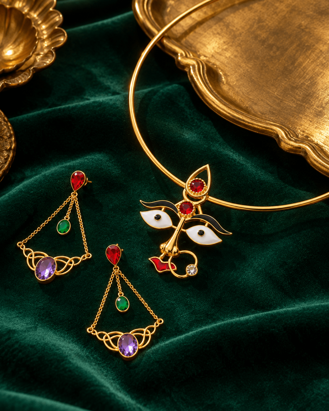 Maa Durga Face Hansuli Necklace Set with Stone Drop Earrings - Maxiblink