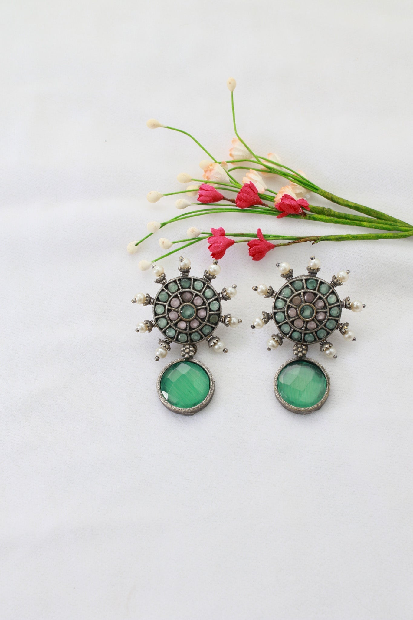 Mandala Top & Green Monalisa Drop Oxidised German Silver Earrings with Pearls - Maxiblink